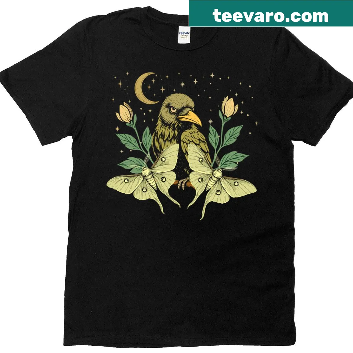 Raven and moth illustration on a nature-inspired t-shirt — on a men's t-shirt