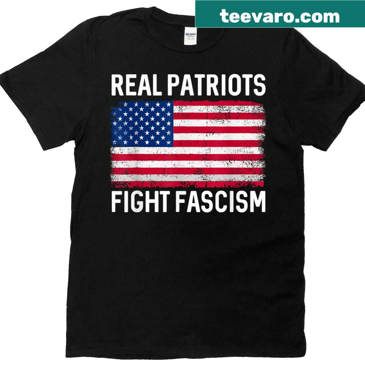 Text graphic declaring 'Real Patriots Fight Fascism' on a t-shirt — on a men's t-shirt