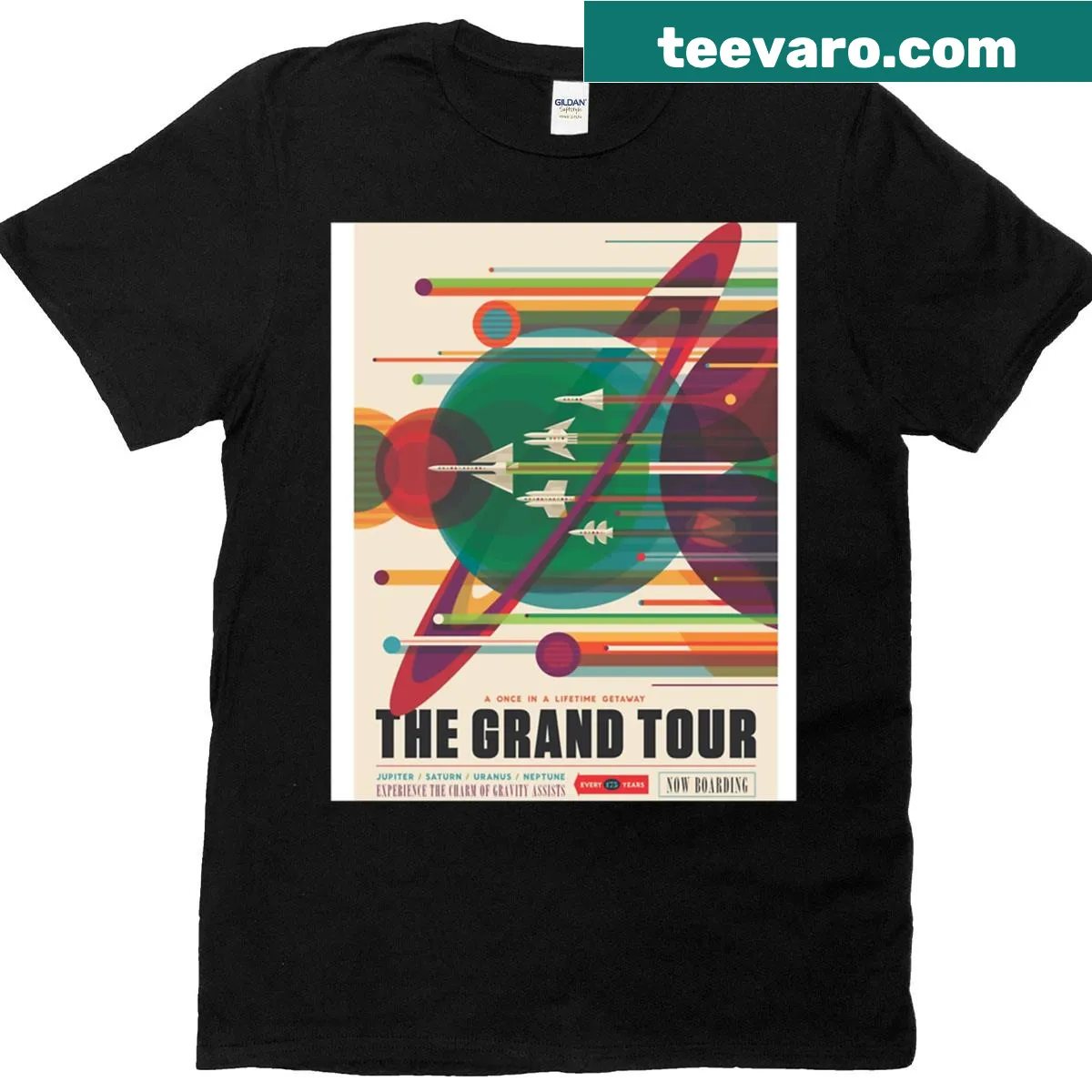 Retro space-themed t-shirt with a design inspired by vintage space posters — on a men's t-shirt
