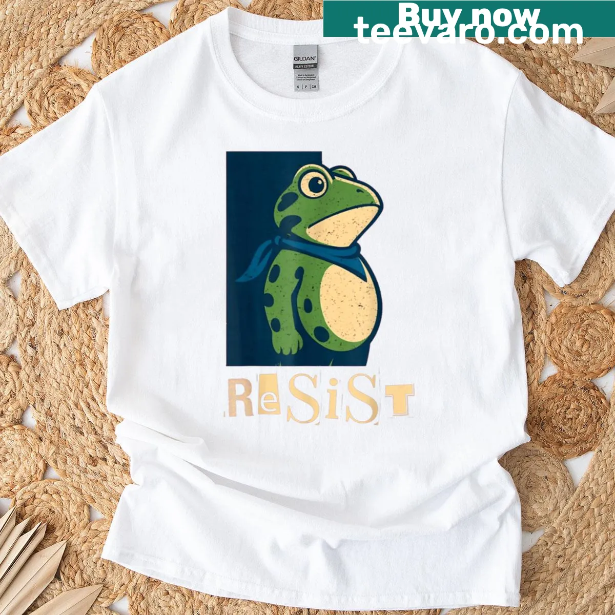 Vintage-style T-shirt featuring a frog protest graphic — on a men's t-shirt