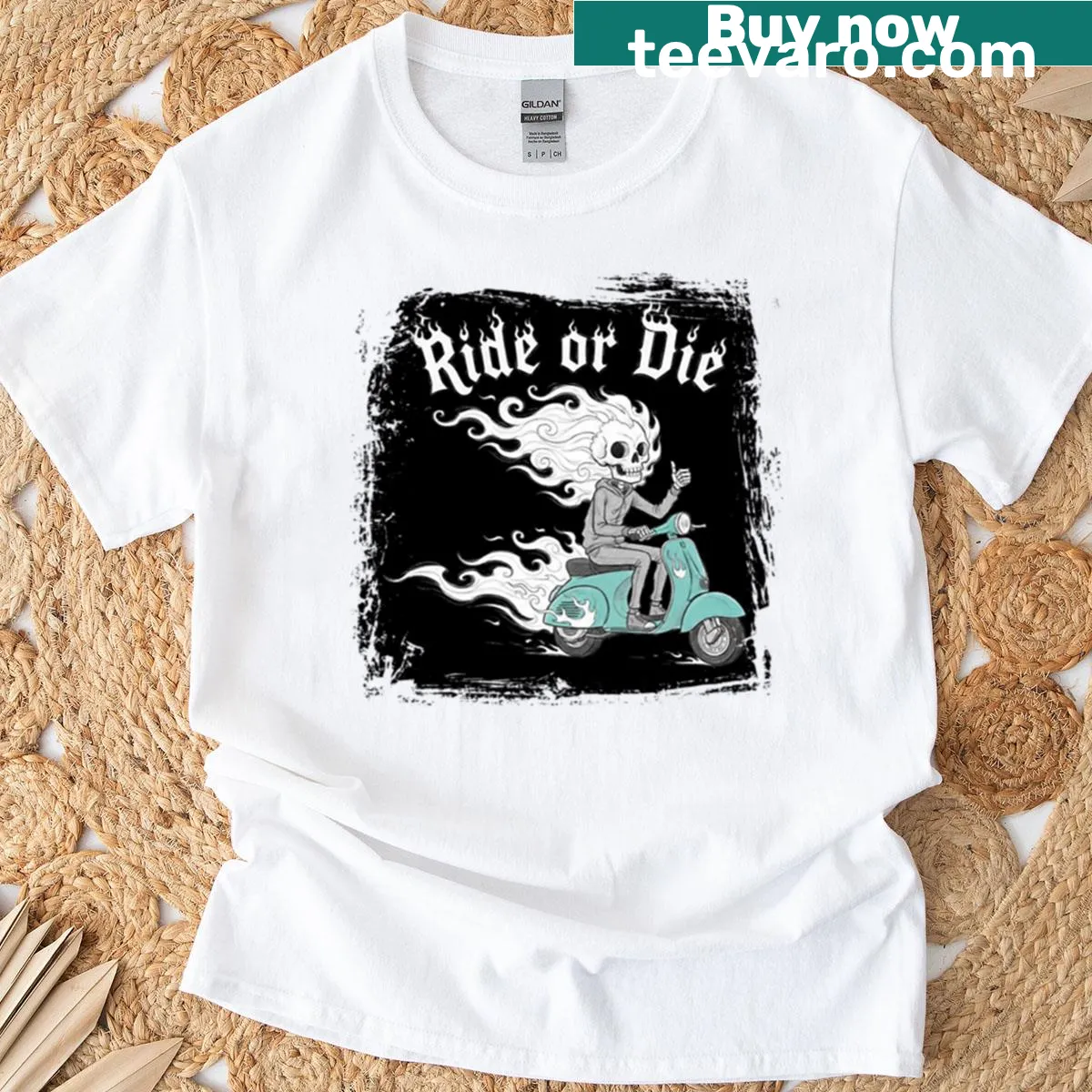 Flaming skull illustration on a Vespa scooter t-shirt — on a men's t-shirt