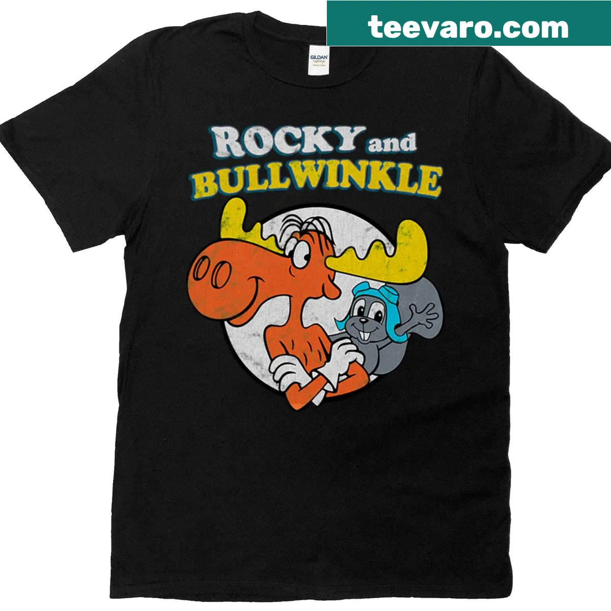 Vintage-style t-shirt featuring Rocky and Bullwinkle illustrations — on a men's t-shirt