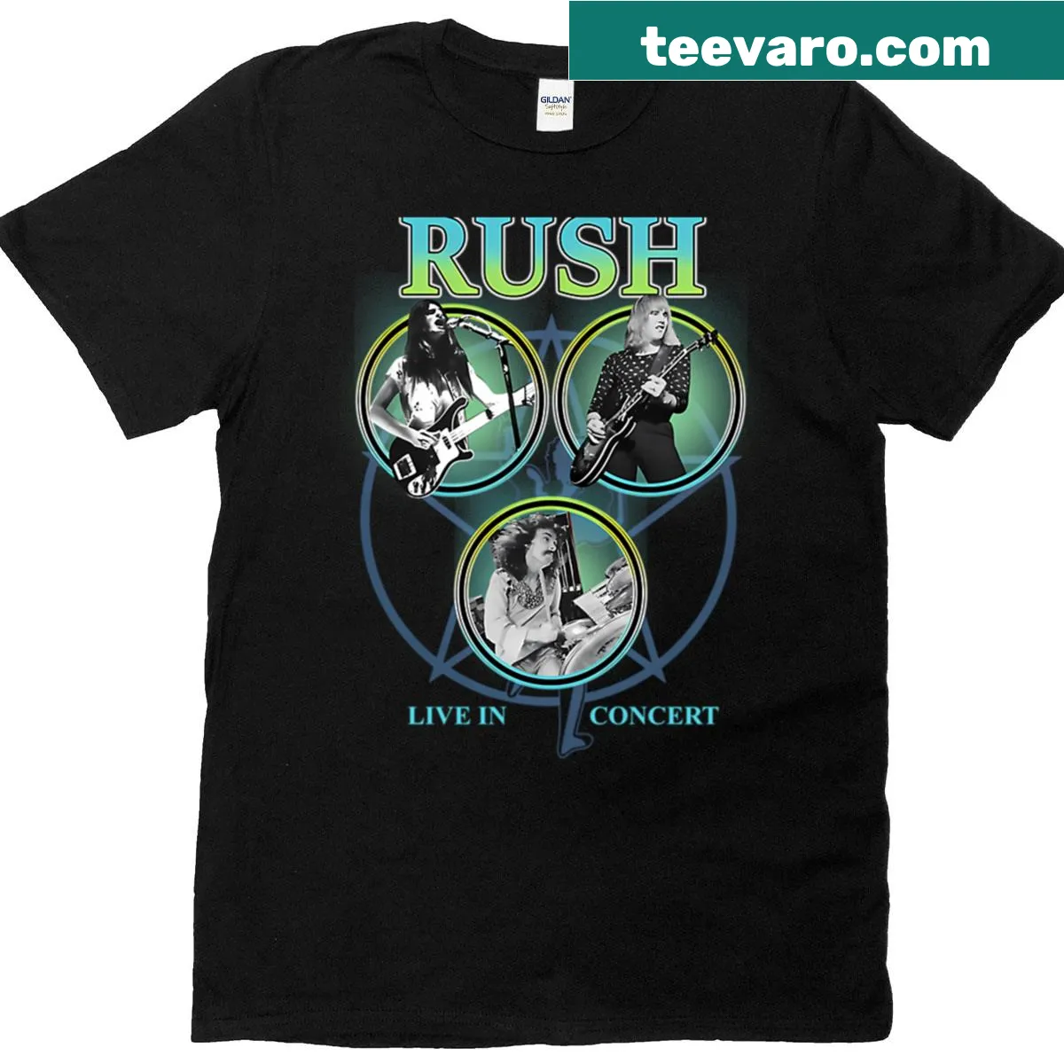 T-shirt featuring live concert images of the band Rush — on a men's t-shirt
