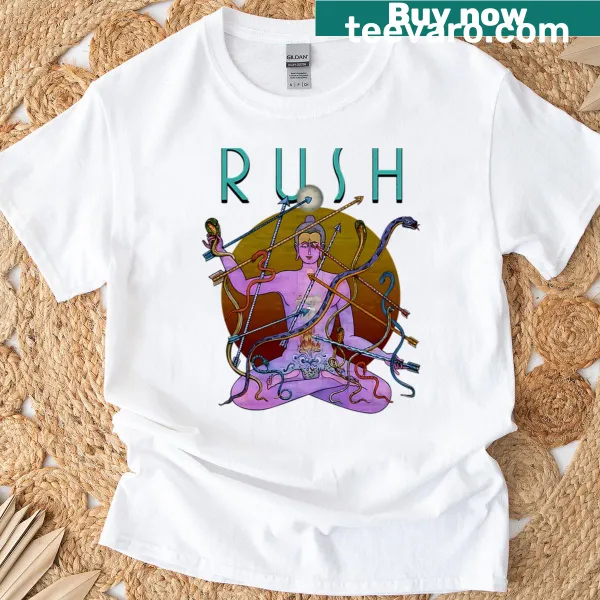 Intricate Shiva graphic with snakes on a Rush band t-shirt