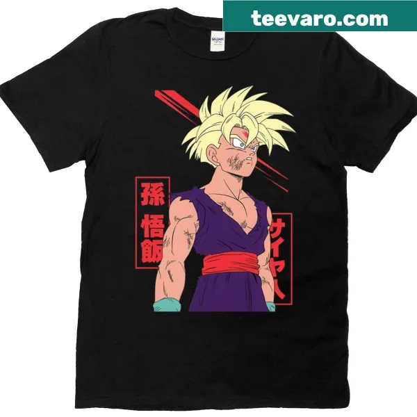 Graphic of a Saiyan warrior showcasing determination on a t-shirt