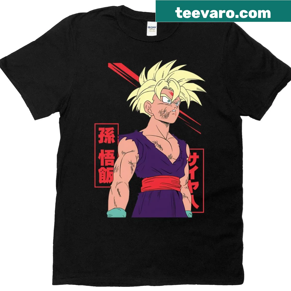 Graphic of a Saiyan warrior showcasing determination on a t-shirt — on a men's t-shirt