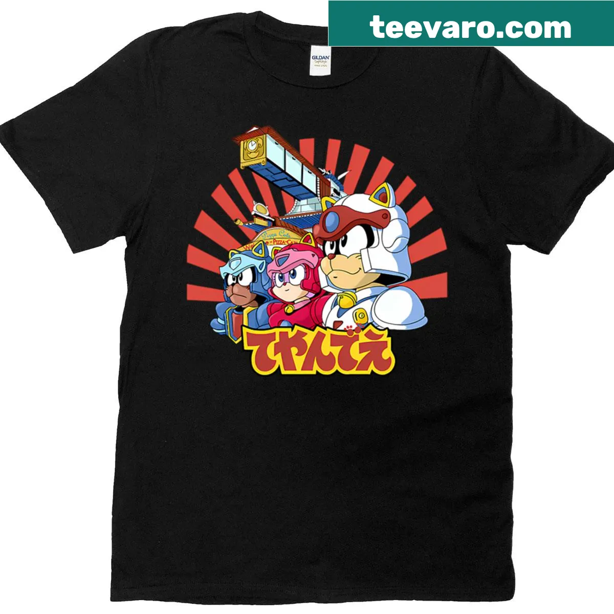 Illustration of Samurai Pizza Cats in a retro anime style — on a men's t-shirt