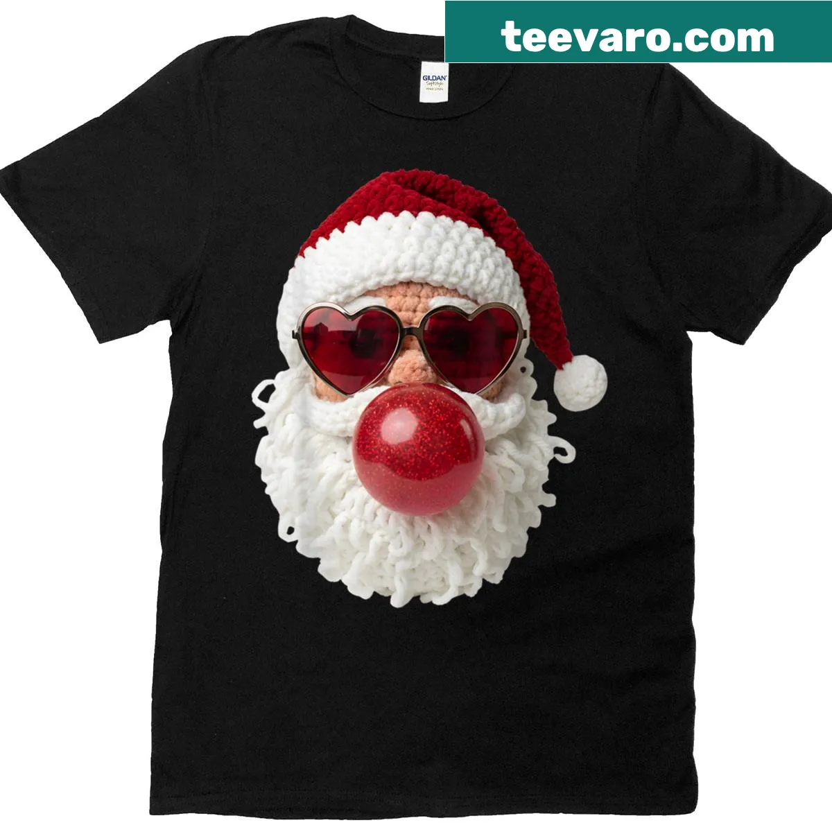 Cute Santa blowing yarn with heart sunglasses graphic — on a men's t-shirt