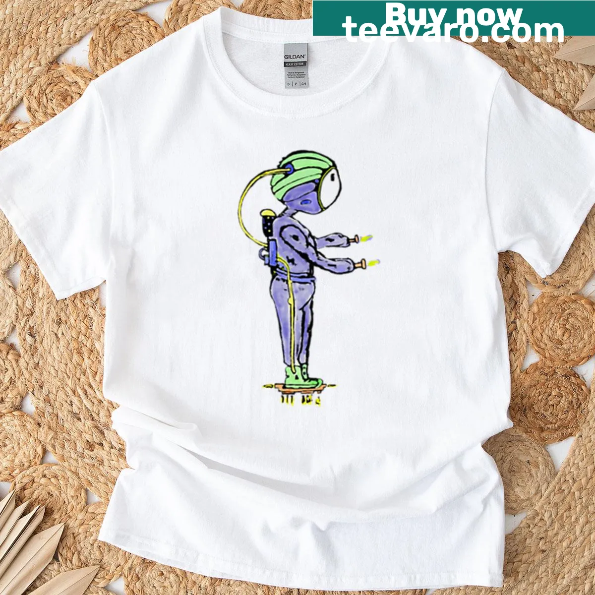 Illustrated Saturn and Orion constellation t-shirt — on a men's t-shirt