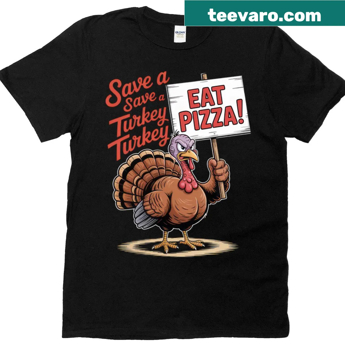 Vintage-style Thanksgiving T-shirt with turkey and pizza graphic — on a men's t-shirt