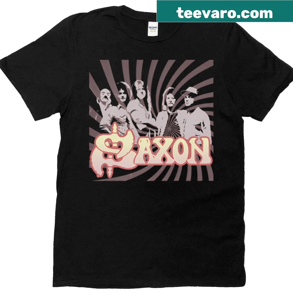 Vintage-style t-shirt featuring a portrait of the Saxon band — on a men's t-shirt
