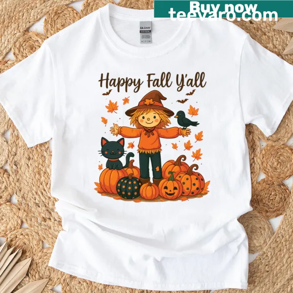 Thanksgiving t-shirt featuring a cheerful scarecrow and autumn leaves