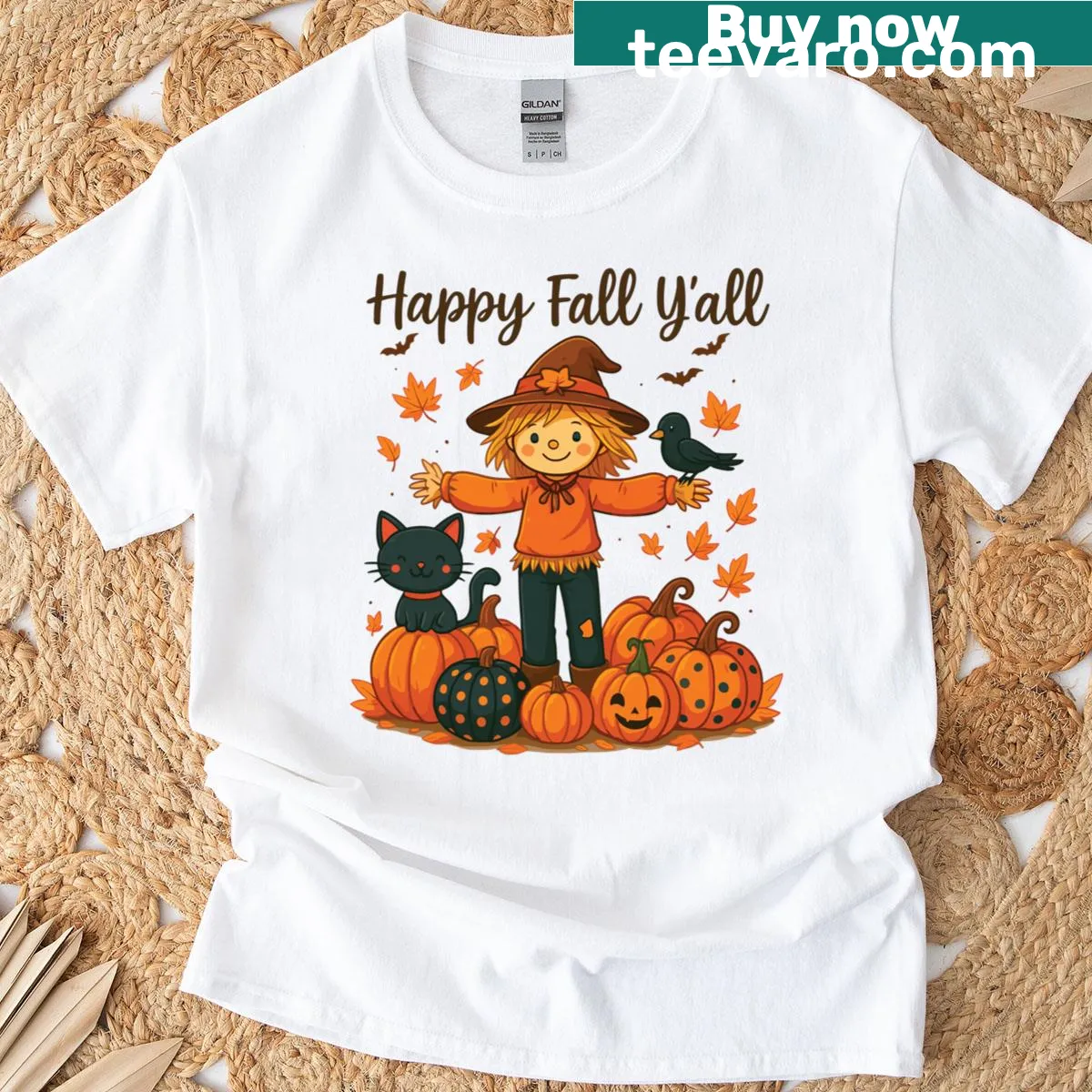 Thanksgiving t-shirt featuring a cheerful scarecrow and autumn leaves — on a men's t-shirt