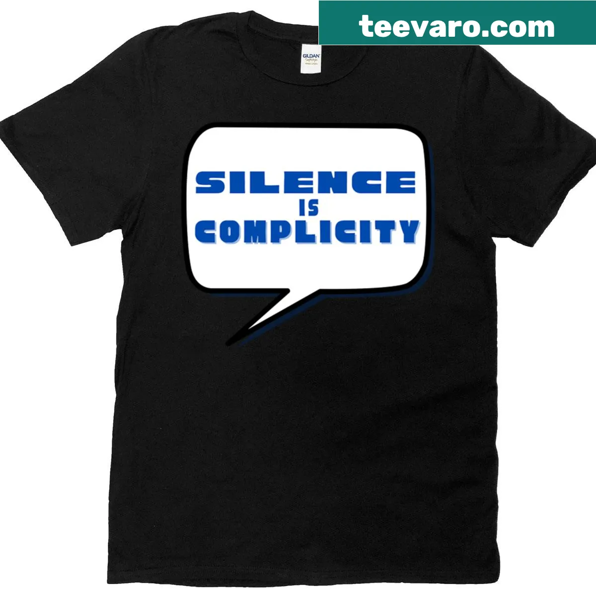 Silence Is Complicity graphic on a t-shirt — on a men's t-shirt