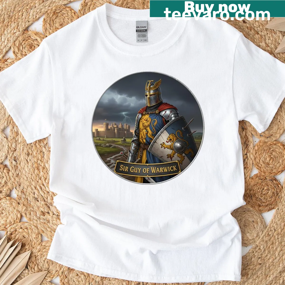 Artistic illustration of Sir Guy of Warwick, the legendary knight — on a men's t-shirt