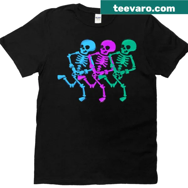 Illustrated T-shirt featuring dancing skeletons for a fun Halloween vibe