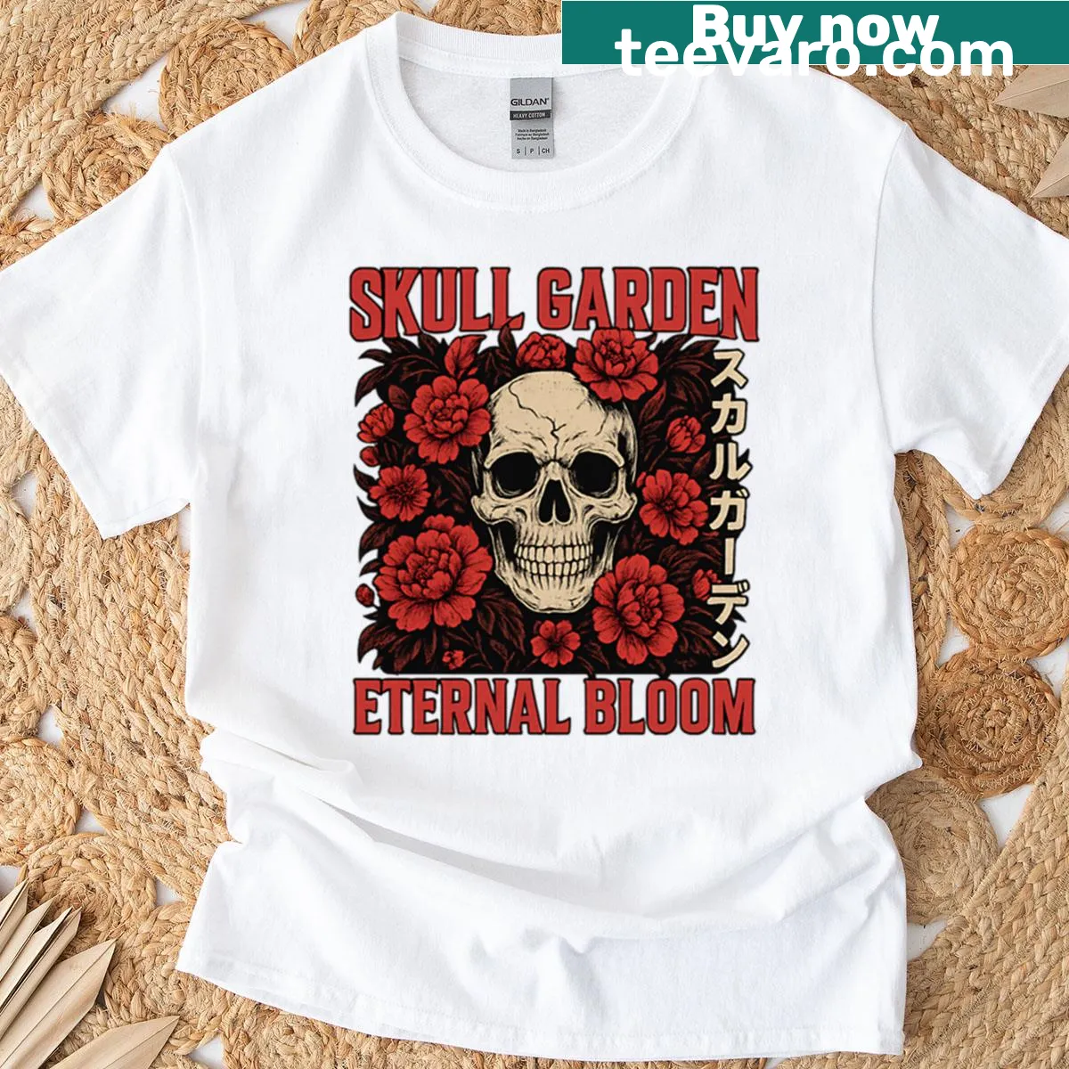 Skull garden design with flowers blooming on T-shirt — on a men's t-shirt