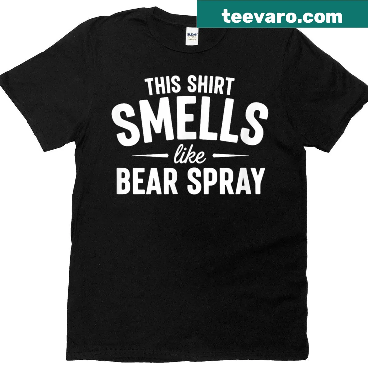 Bold typography T-shirt with a bear spray phrase for outdoors — on a men's t-shirt