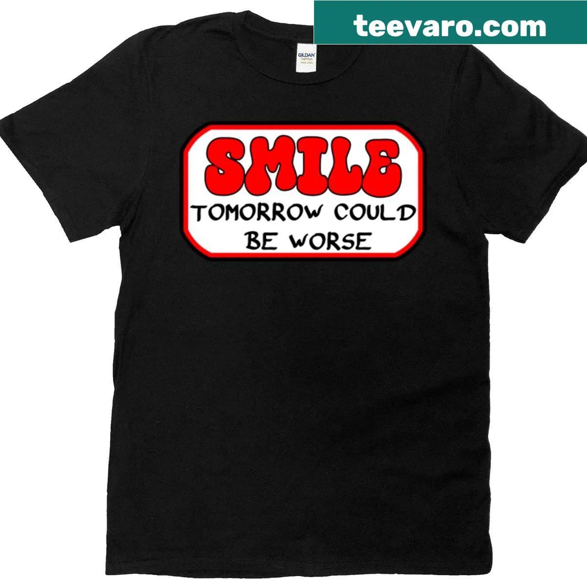 Inspirational t-shirt with uplifting text encouraging smiles — on a men's t-shirt