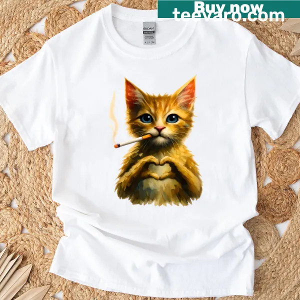 Funny graphic of a cat with a love sign on a T-shirt.