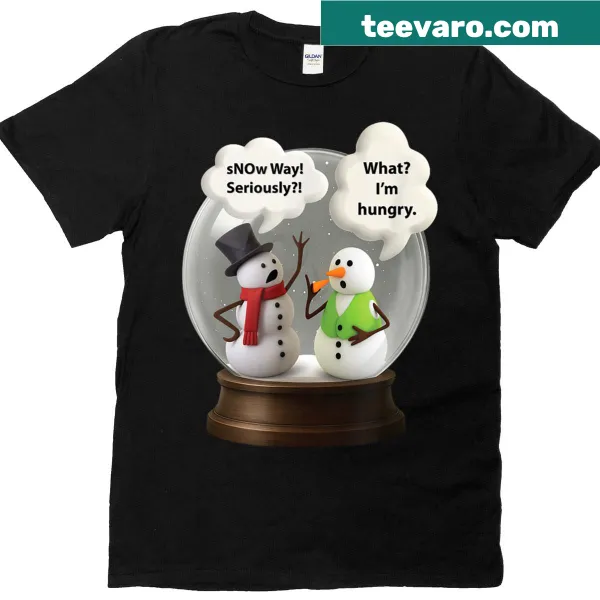 Illustrative t-shirt featuring a snowman in a snow globe