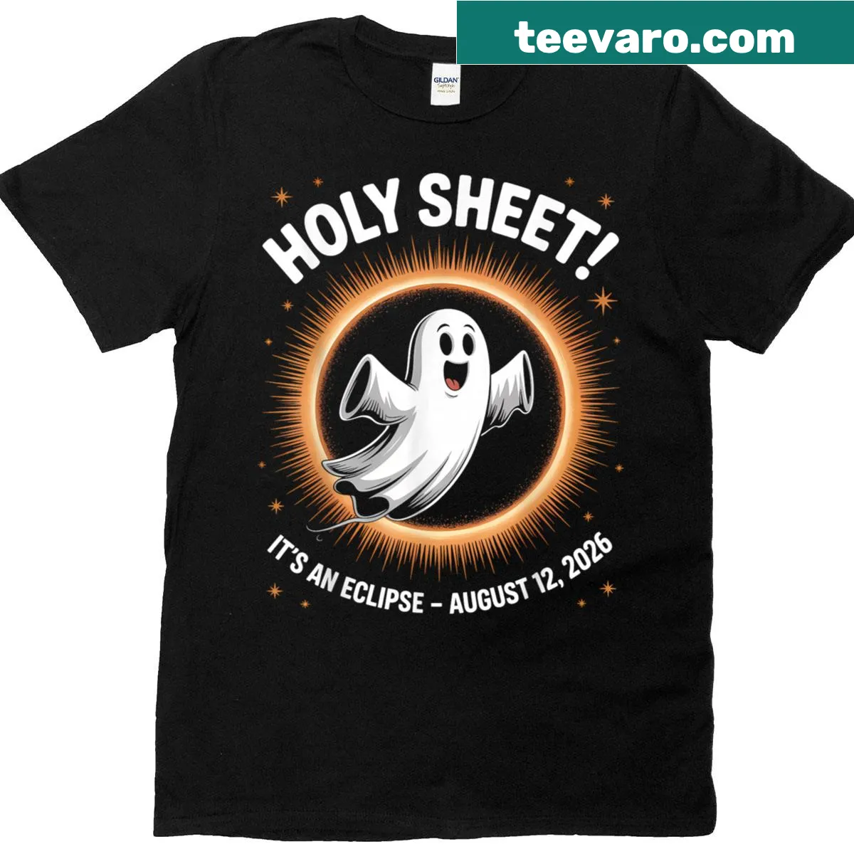 Funny ghost design with 'Holy Sheet' caption for solar eclipse — on a men's t-shirt