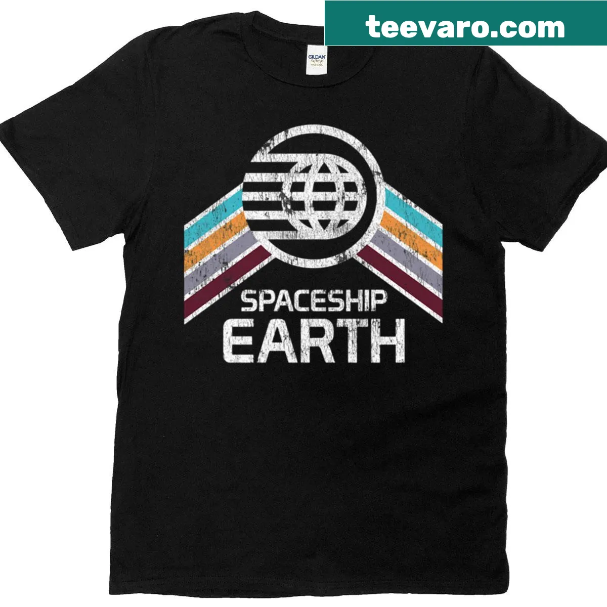 Spaceship Earth logo in vintage distressed style on t-shirt — on a men's t-shirt