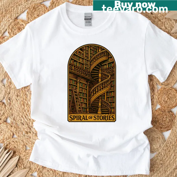 Neo-vintage illustration of a spiral library on a T-shirt