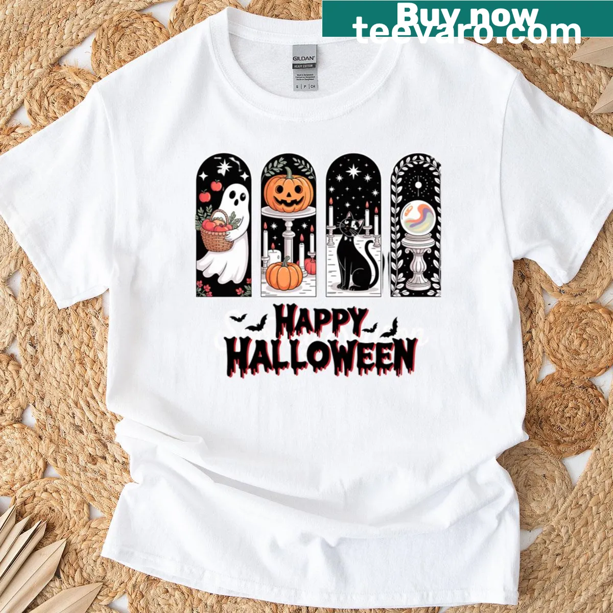 Cute Halloween design featuring ghost, pumpkin, black cat, and crystal ball — on a men's t-shirt