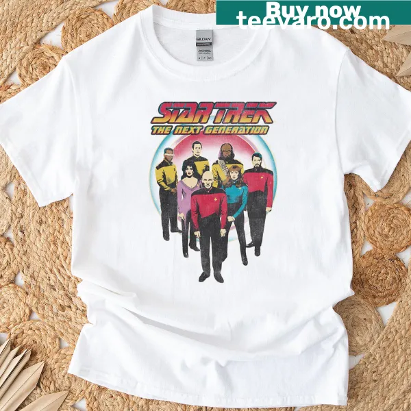 Vintage distressed T-shirt featuring Star Trek The Next Generation crew