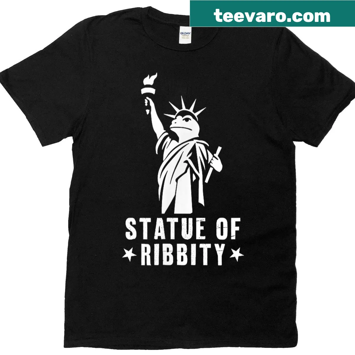 Cartoon frog design with Statue Of Ribbity text for fun protest — on a men's t-shirt