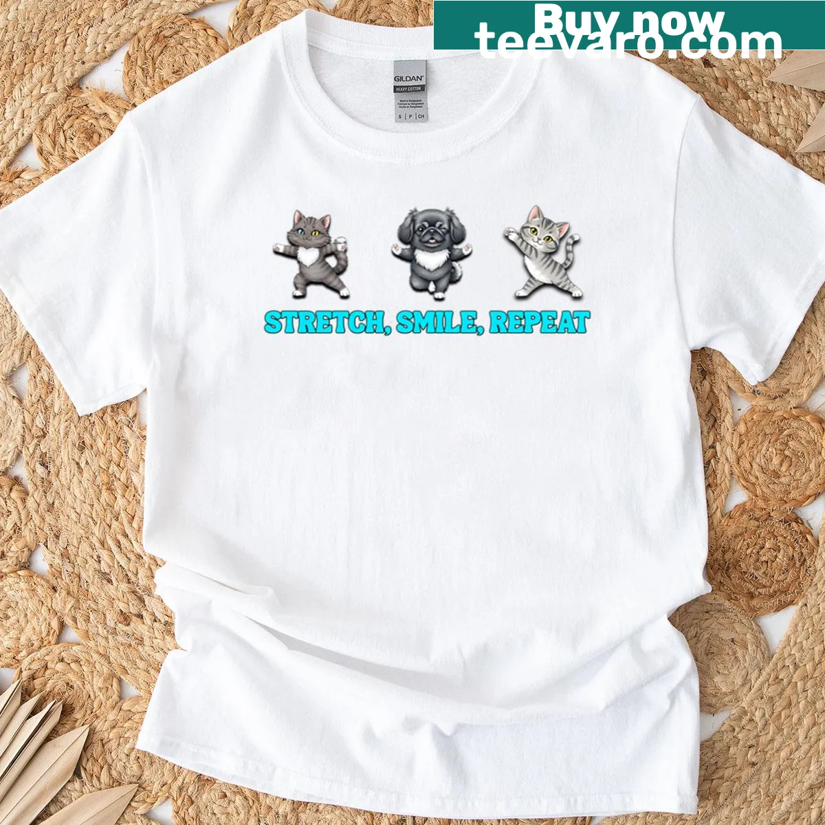 Funny workout T-shirt with 'Stretch Smile Repeat' and pet graphics — on a men's t-shirt