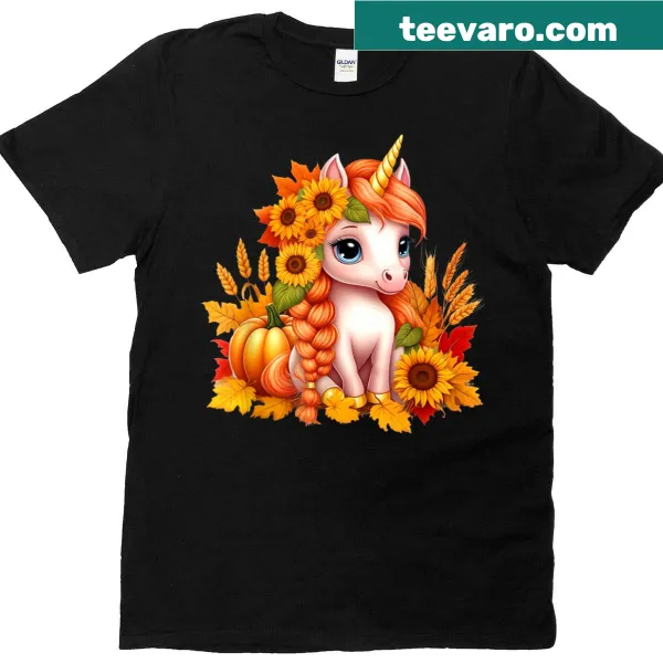 Illustrated T-shirt featuring sunflowers and a unicorn in a fall theme