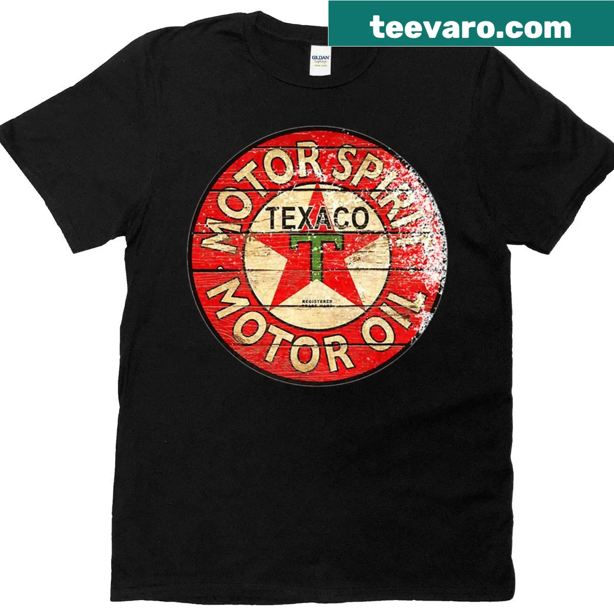 Retro Texaco-themed t-shirt with vintage graphics — on a men's t-shirt