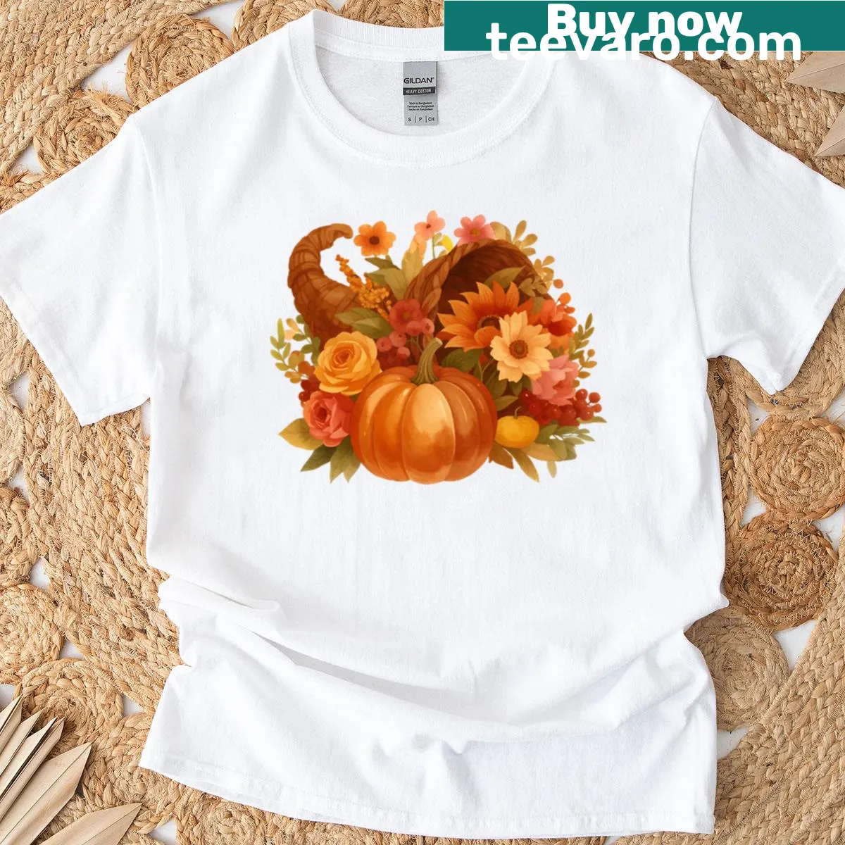 Thanksgiving T-shirt featuring a cornucopia and pumpkins design — on a men's t-shirt