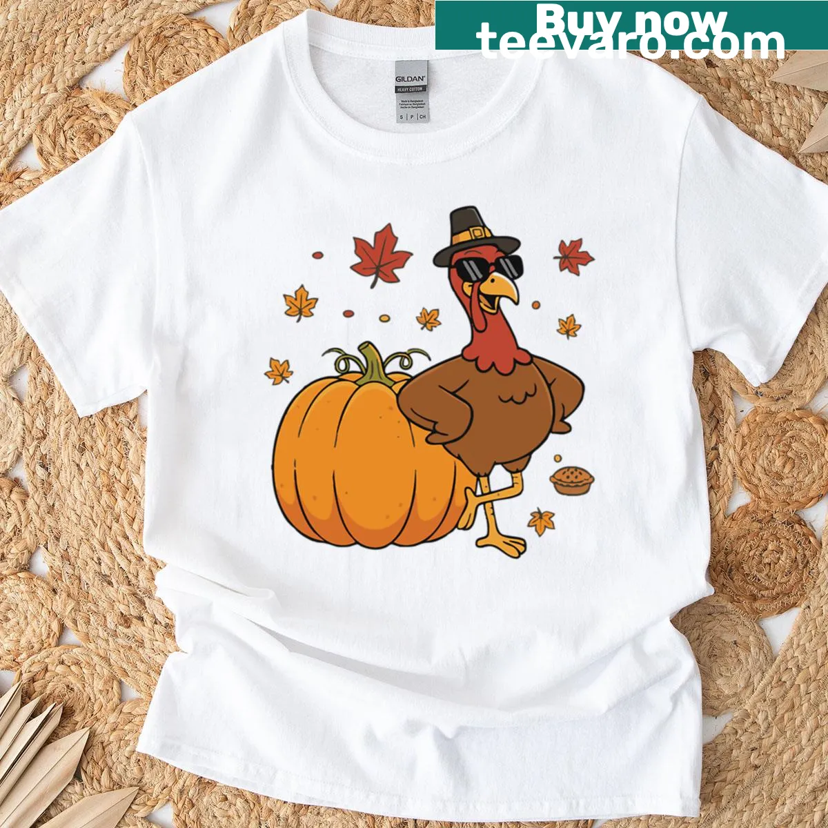 Thanksgiving turkey surrounded by pumpkins illustration on a t-shirt — on a men's t-shirt