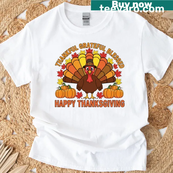 Thanksgiving T-shirt with turkey graphic and grateful phrases