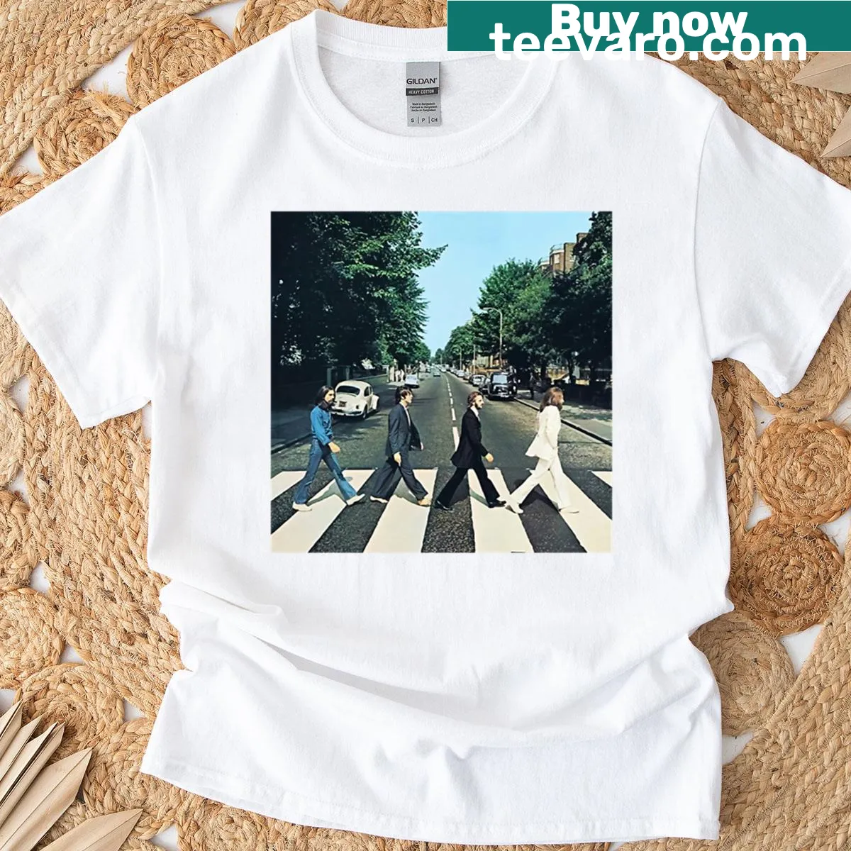 T-shirt featuring Abbey Road album cover design from The Beatles — on a men's t-shirt