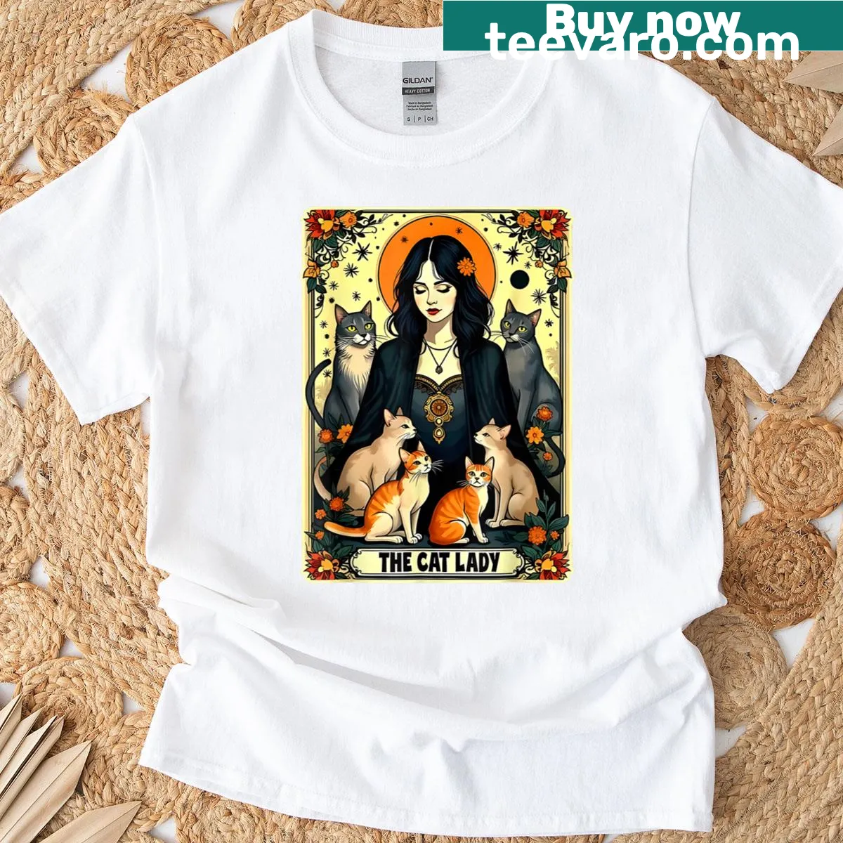 T-shirt featuring Gothic tarot card design with cats — on a men's t-shirt