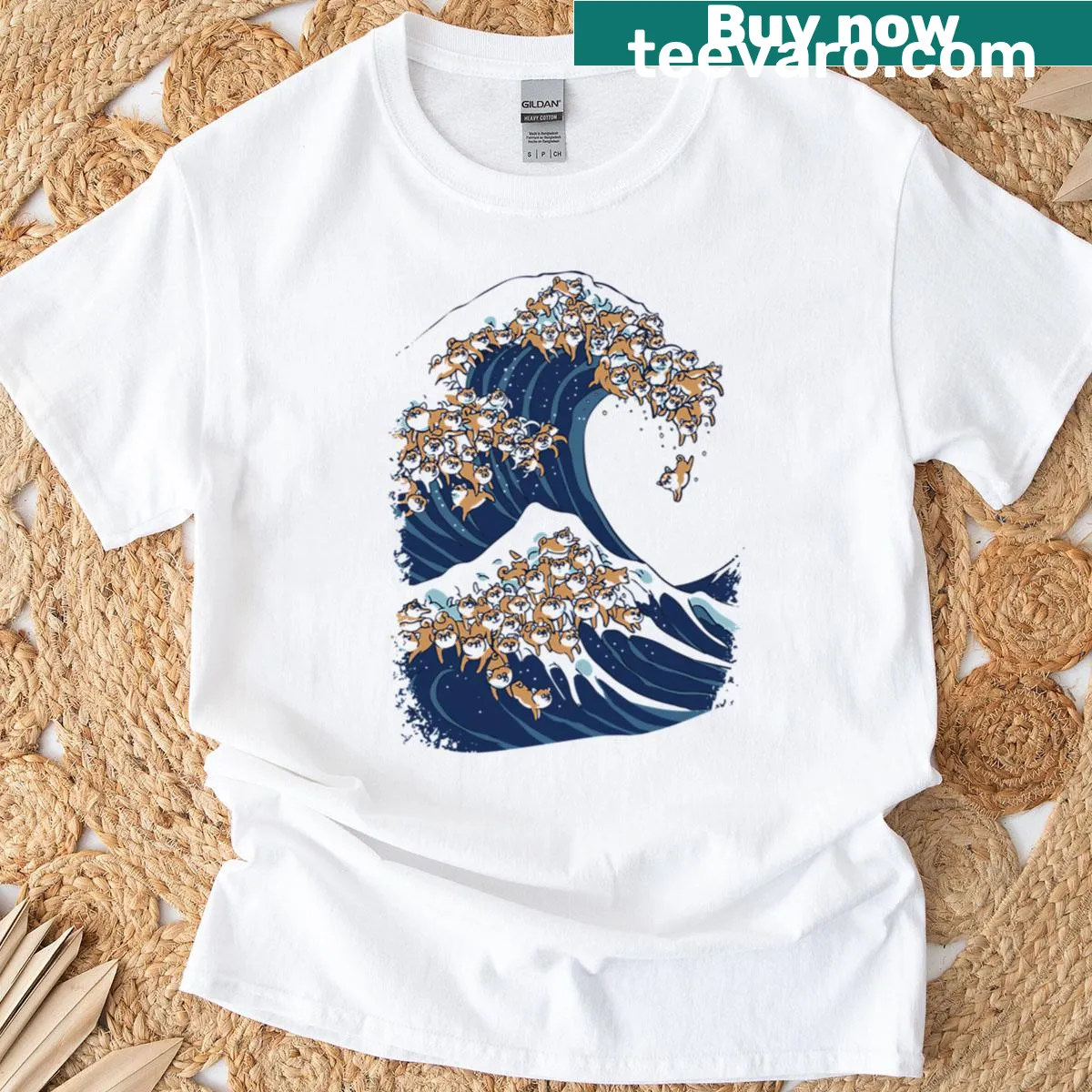 Oversized T-shirt featuring Shiba Inu dogs on a wave design — on a men's t-shirt