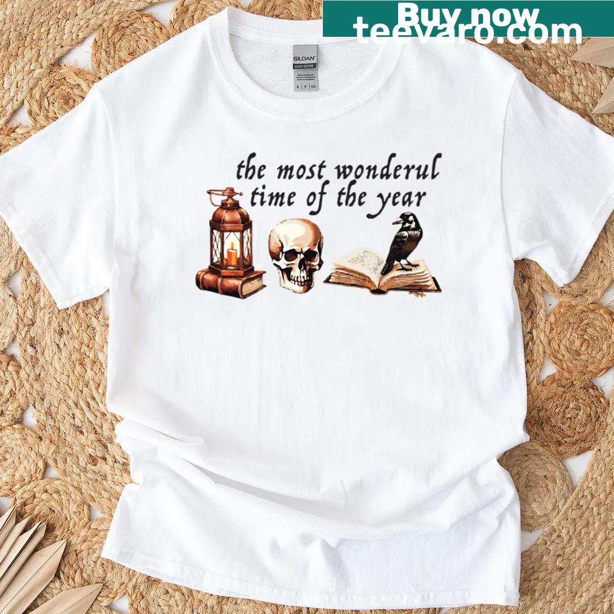 T-shirt featuring spooky academia Halloween artwork — on a men's t-shirt
