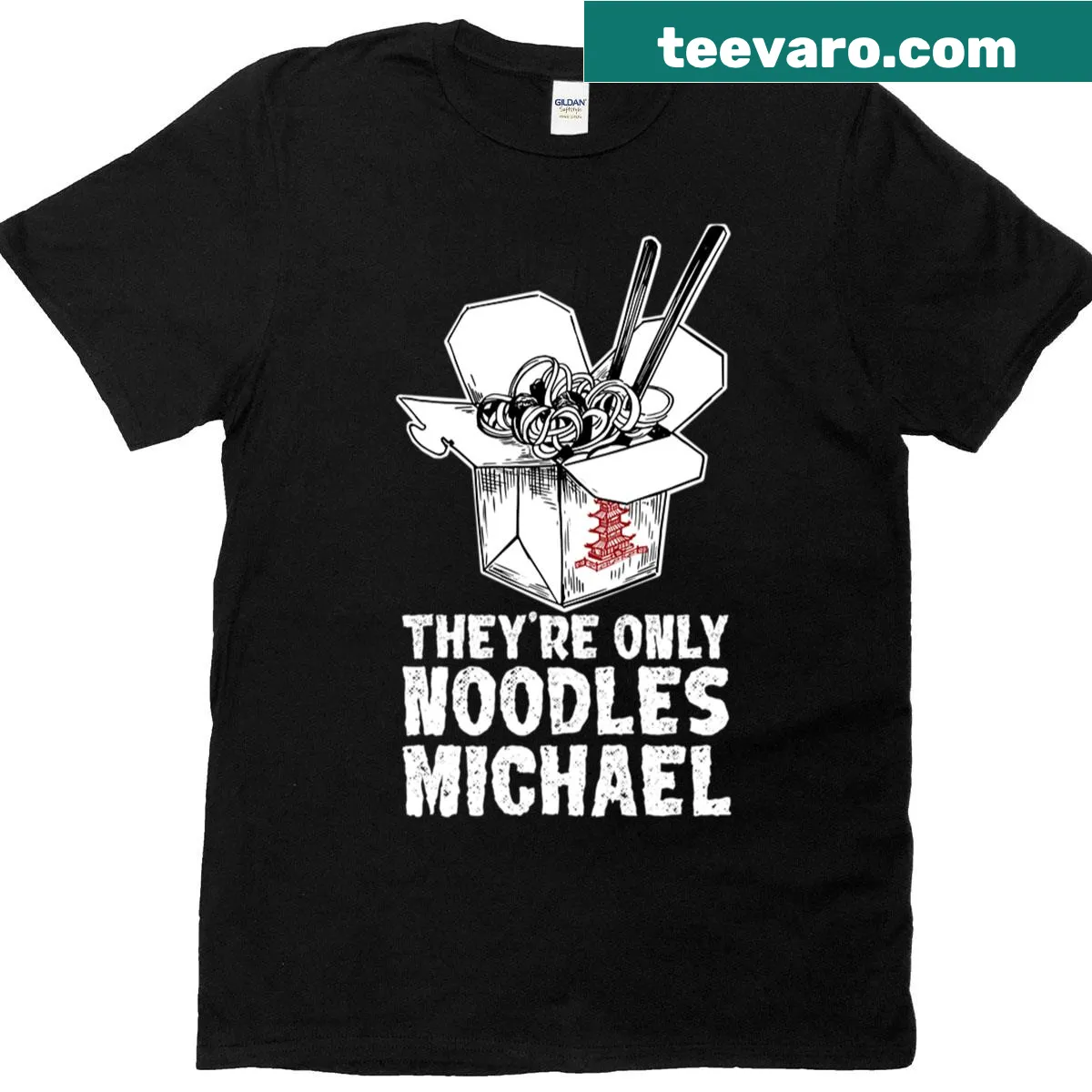 Funny noodle-themed t-shirt with humorous text — on a men's t-shirt