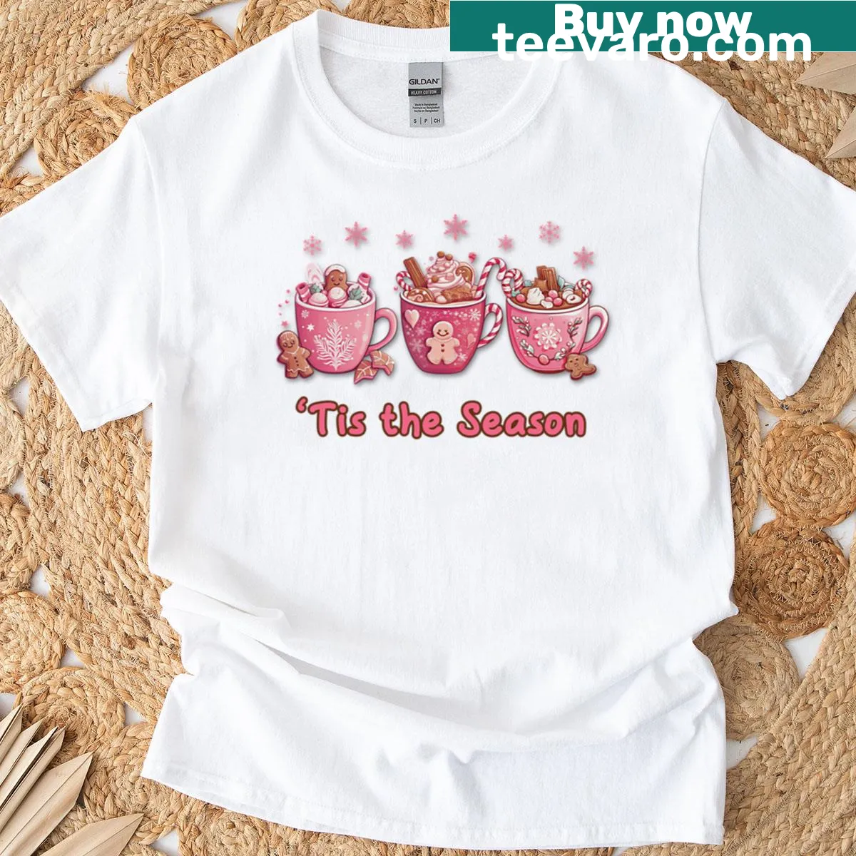 Holiday-themed t-shirt featuring hot cocoa and gingerbread mugs — on a men's t-shirt