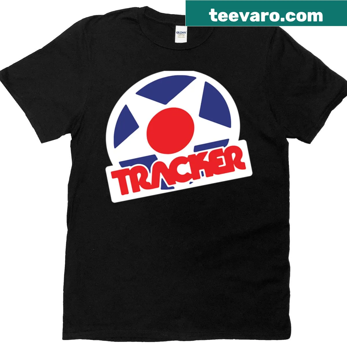 Vintage Tracker Trucks logo t-shirt — on a men's t-shirt