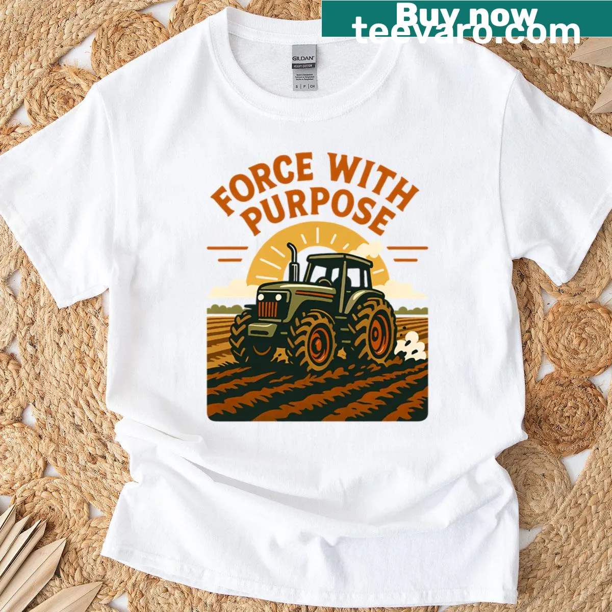 Illustrated tractor with sunrise in a country setting on t-shirt — on a men's t-shirt