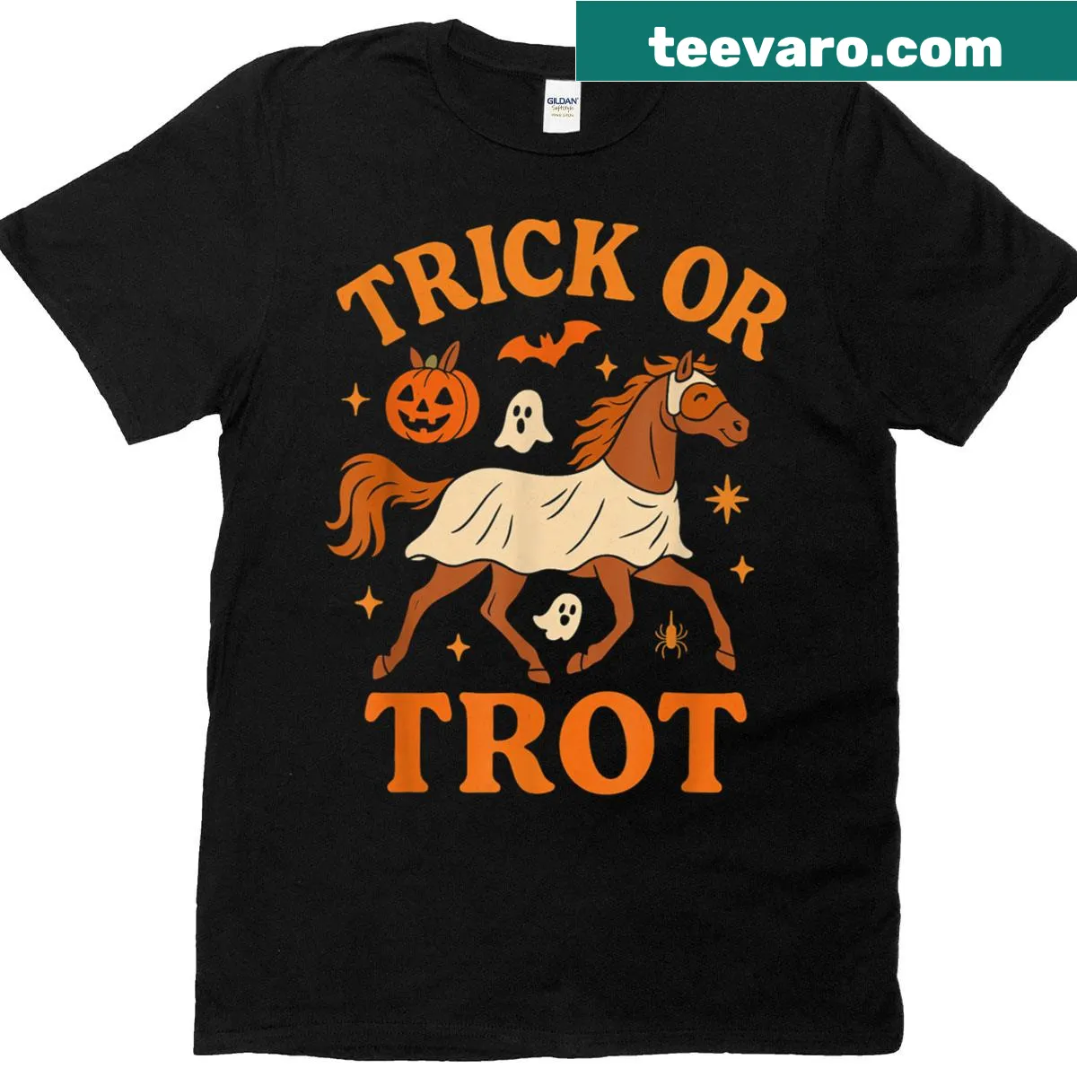 Funny Trick Or Trot Horse Halloween t-shirt for equestrians — on a men's t-shirt