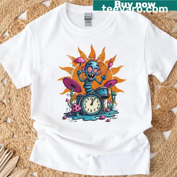 Psychedelic music-themed T-shirt with a trippy drum worm graphic
