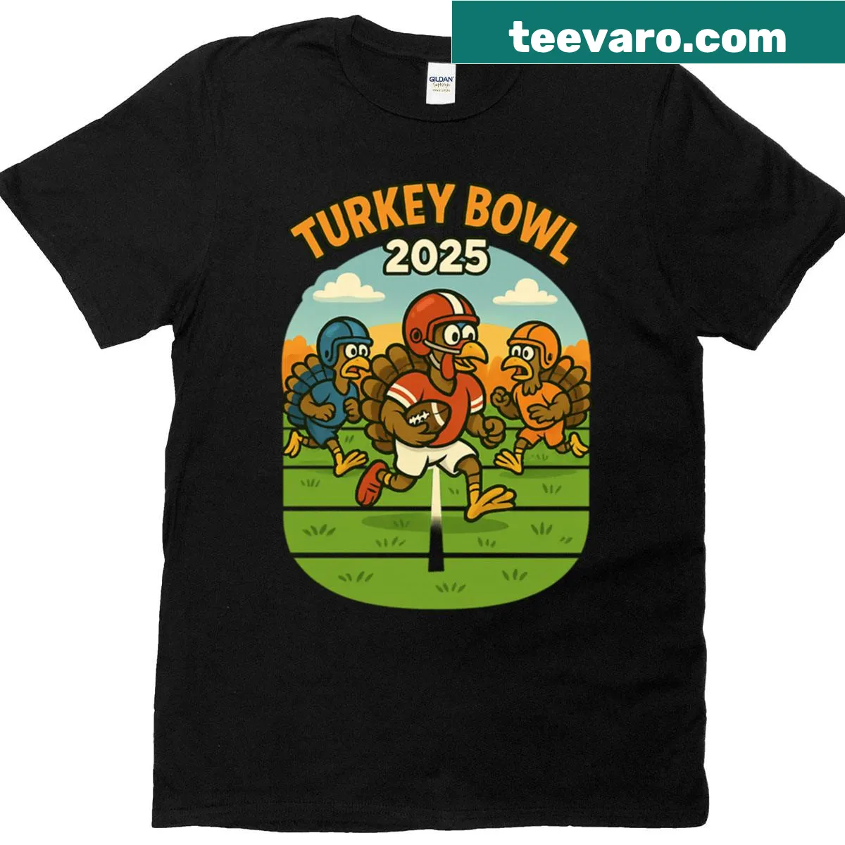 Playful turkey football graphic on Thanksgiving T-shirt — on a men's t-shirt