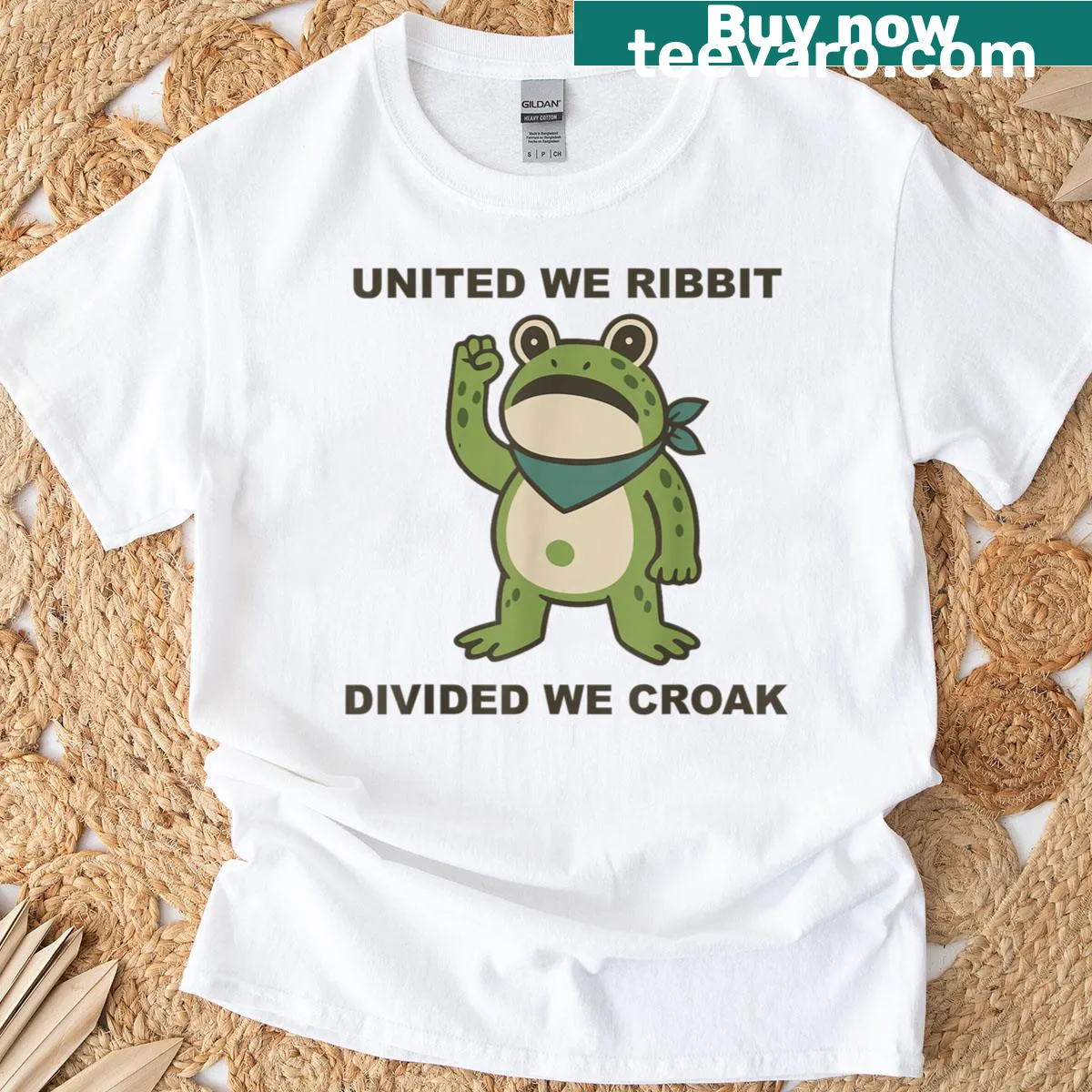 Amusing T-shirt with frog-themed slogan about unity — on a men's t-shirt