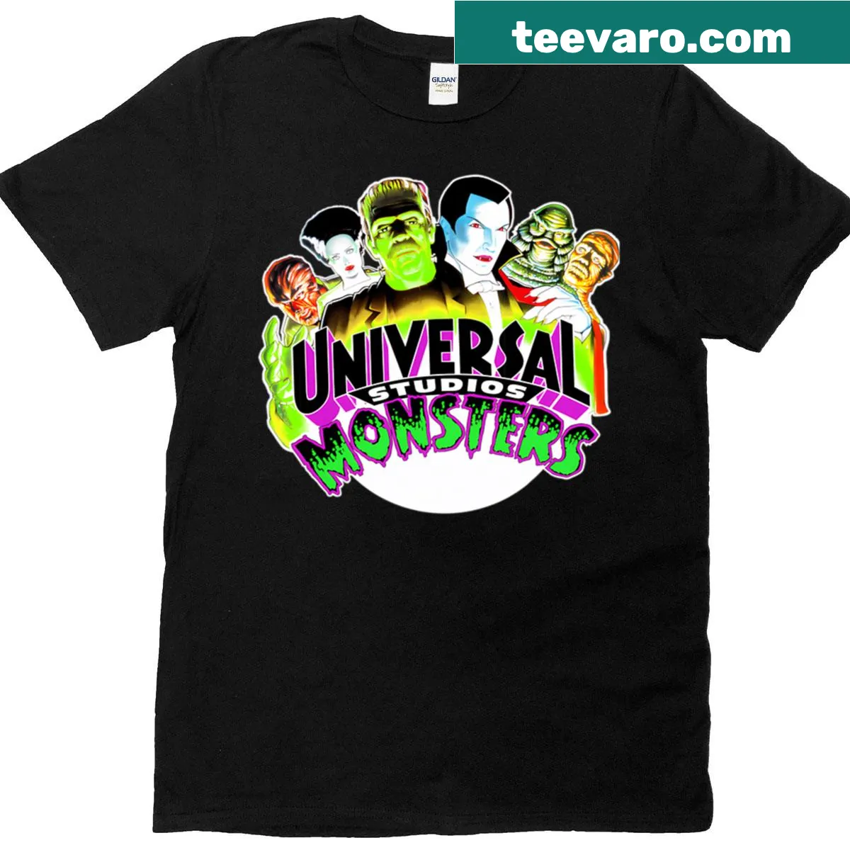 Illustration of classic Universal Monsters on a Halloween T-shirt. — on a men's t-shirt